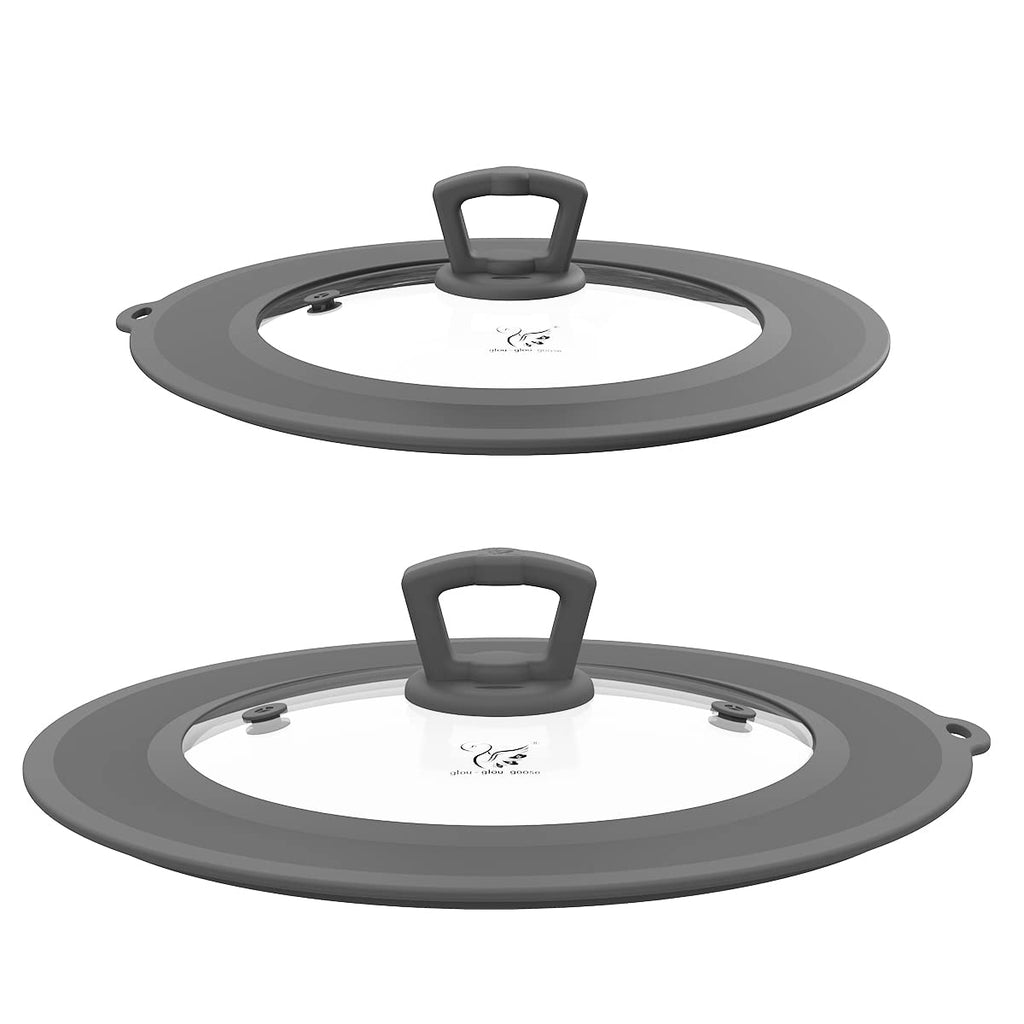 Set of 2 Vented Tempered Glass Universal Lid with Silicone, Light Grey B2489