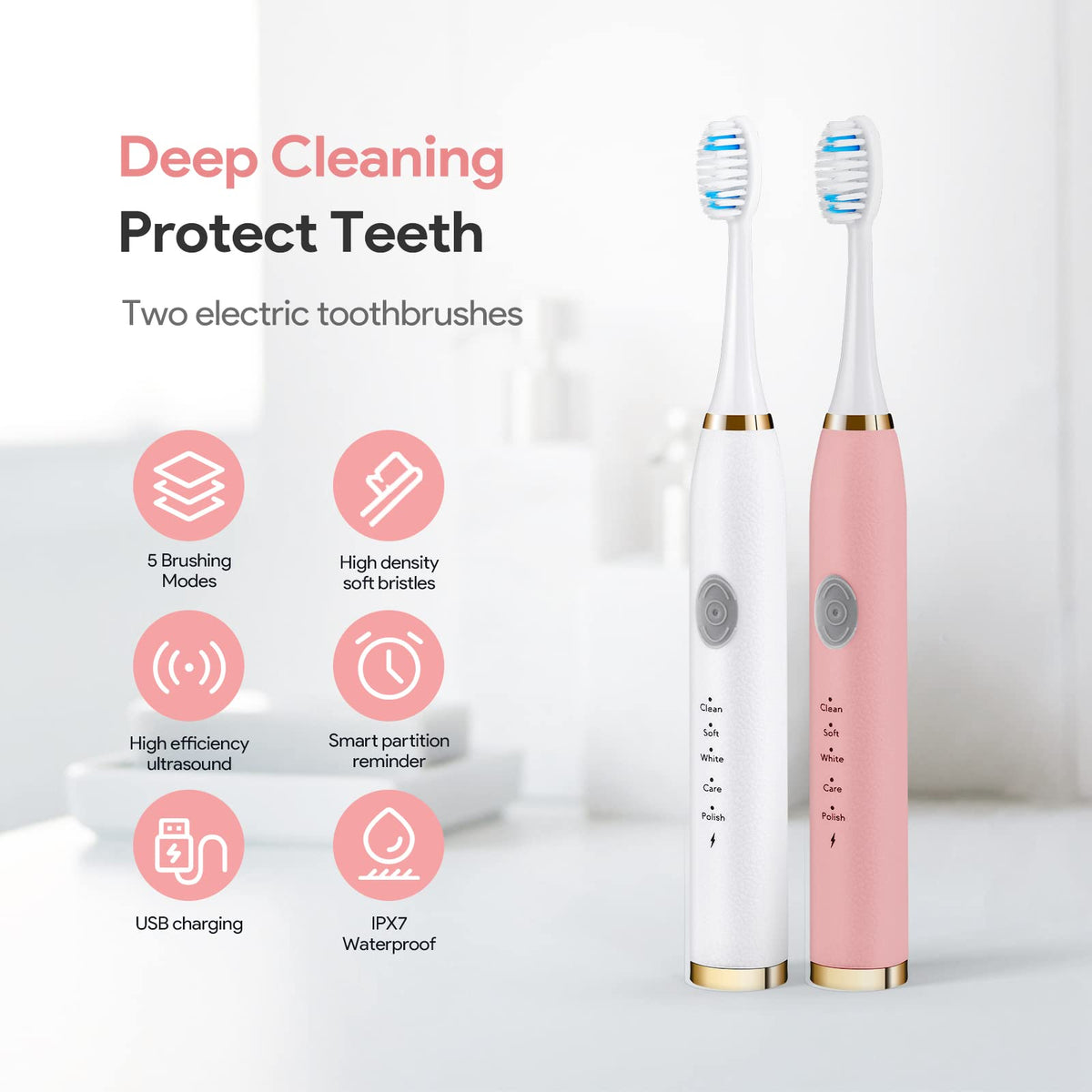 Rechargeable Sonic Toothbrush 2-Pack White Pink R724544