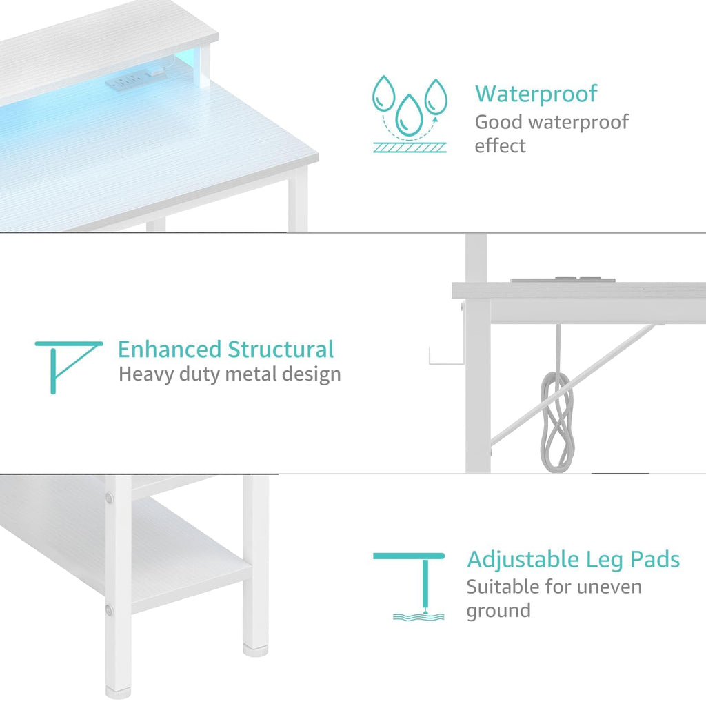 White 40 Inch Computer Desk with LED Lights and Power Outlets K868112