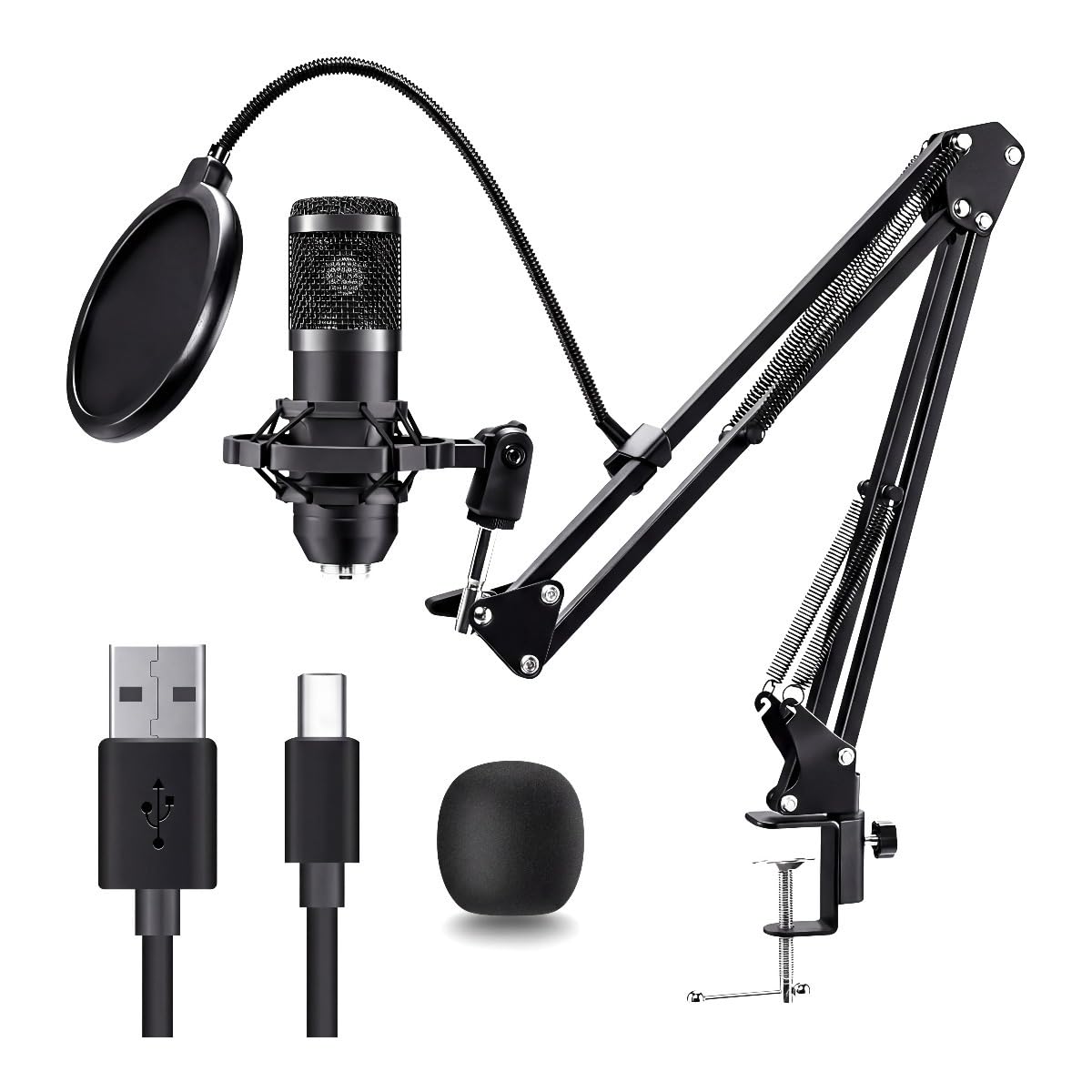 USB Condenser Microphone Kit with Boom Arm, Pop Filter, Shock Mount B828747