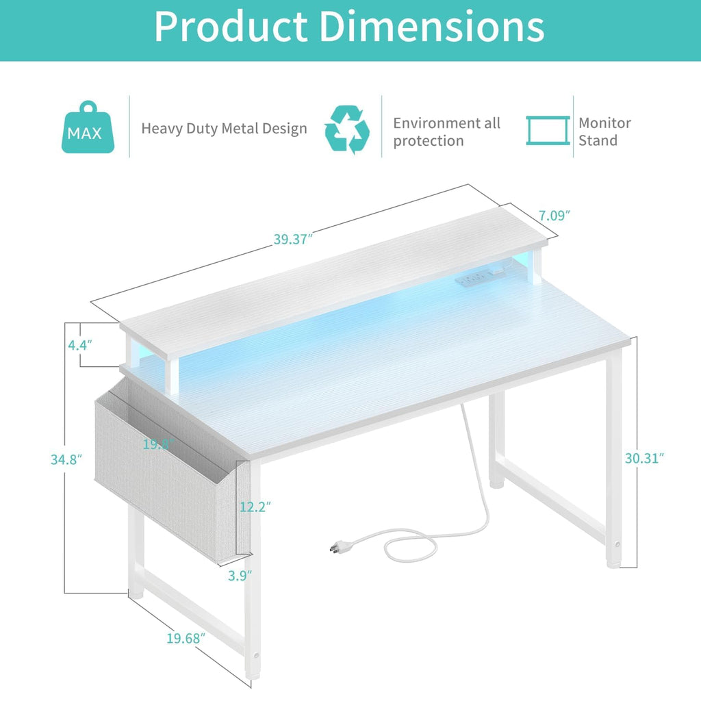White 40 Inch Computer Desk with LED Lights and Power Outlets K868112