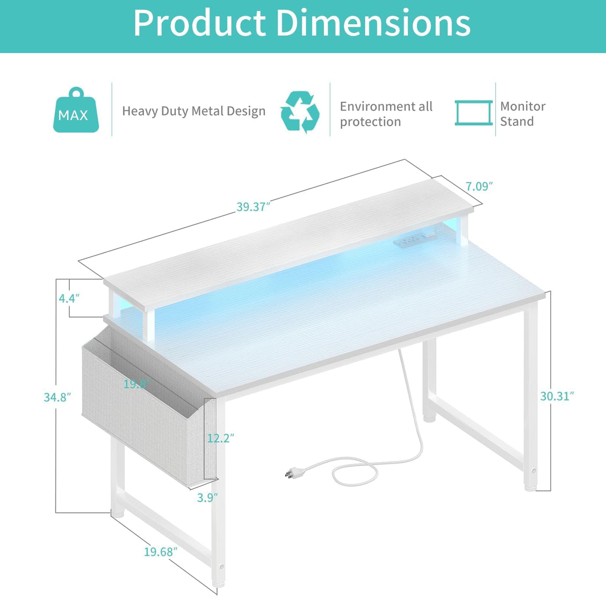White 40 Inch Computer Desk with LED Lights and Power Outlets K868112