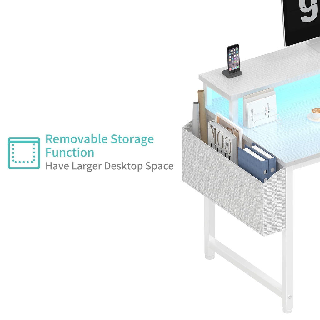 White 40 Inch Computer Desk with LED Lights and Power Outlets K868112
