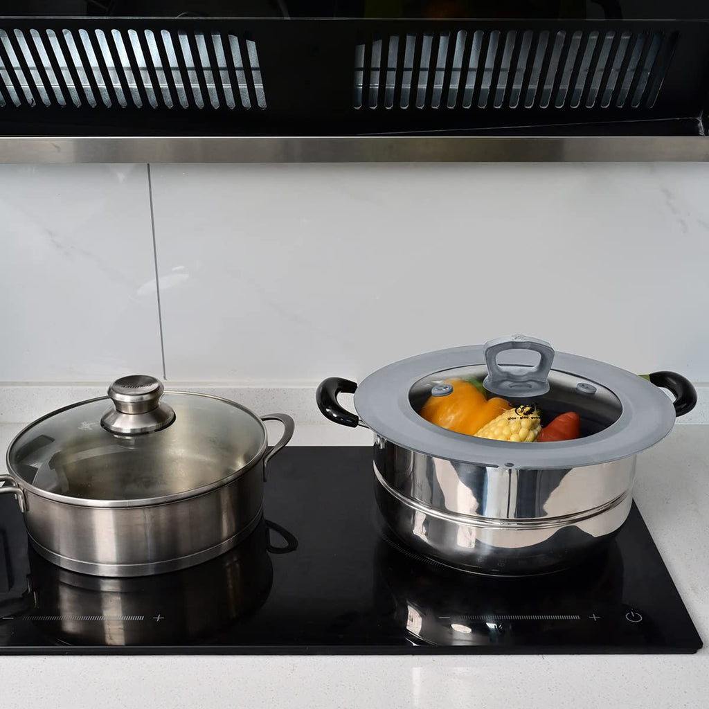 Set of 2 Vented Tempered Glass Universal Lid with Silicone, Light Grey B2489