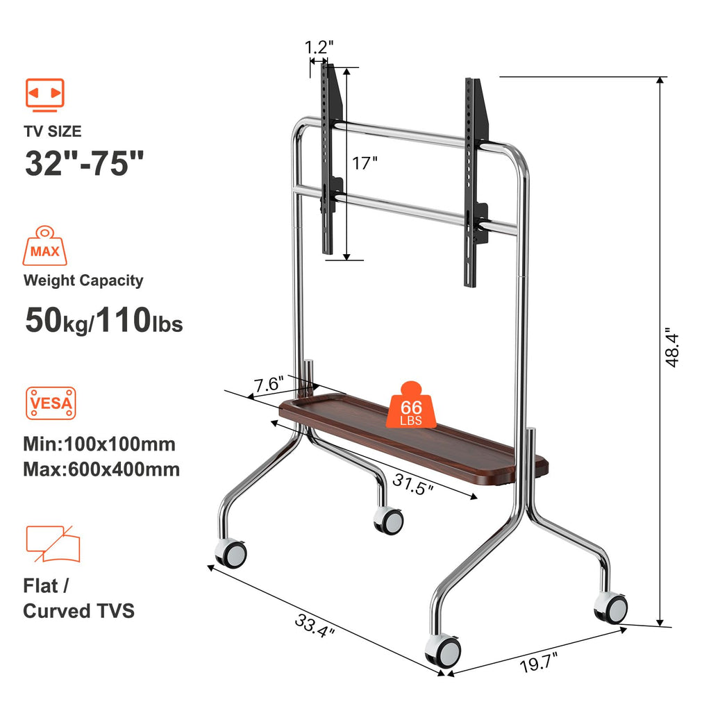 Rolling TV Stand for 32-75" TVs with Shelf L97778