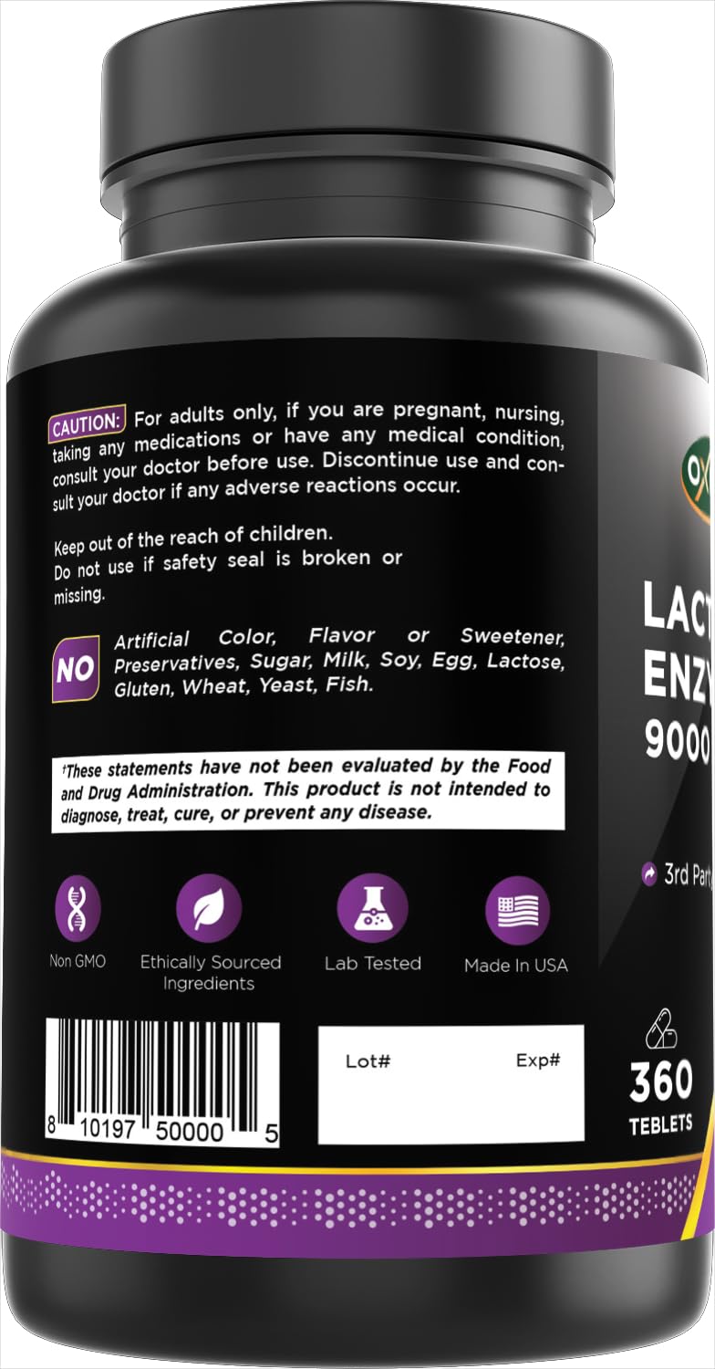 Lactase Enzyme 9000 FCC 360 Tablets Gluten-Free Non-GMO B1893