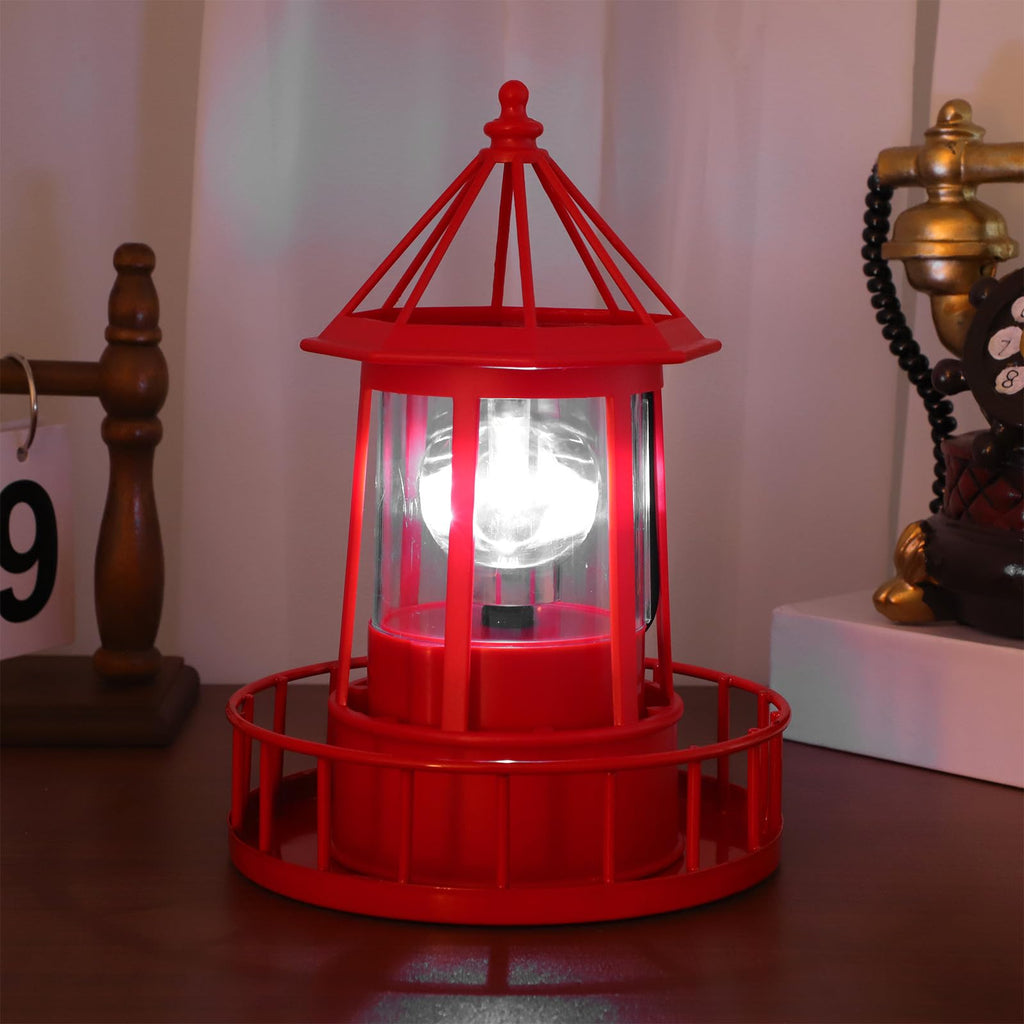 Solar Powered Red Lighthouse Figurine with Rotating Garden Light L22899