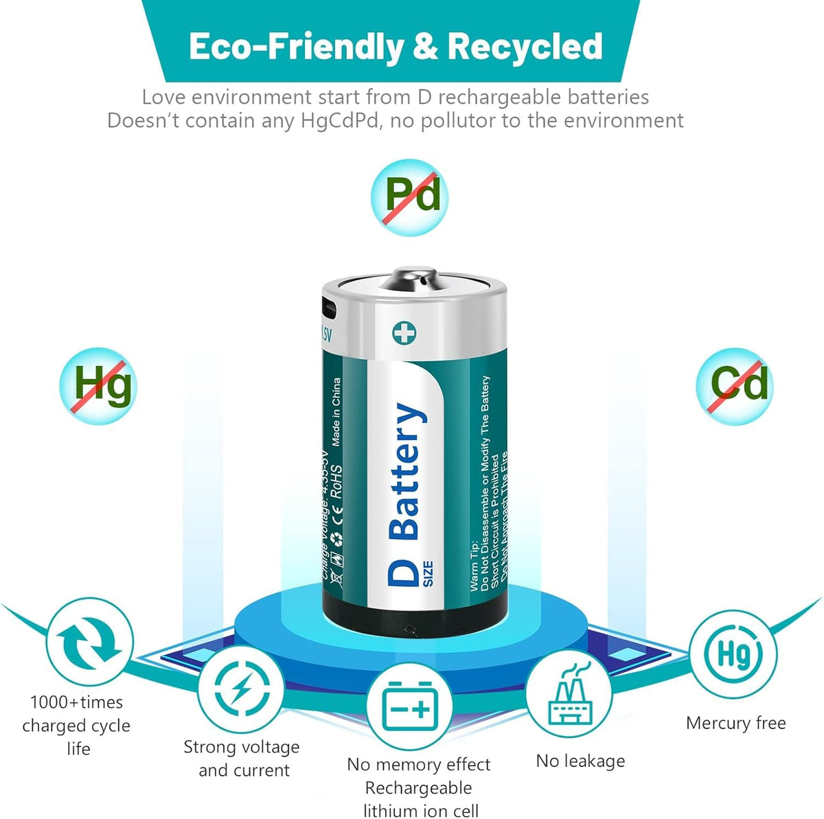 D Size Rechargeable Lithium Batteries with USB-C Charging Cable H134