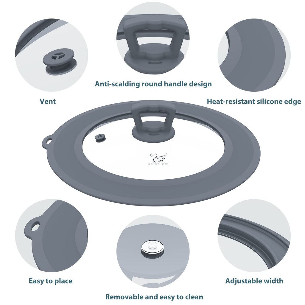 Set of 2 Vented Tempered Glass Universal Lid with Silicone, Light Grey B2489