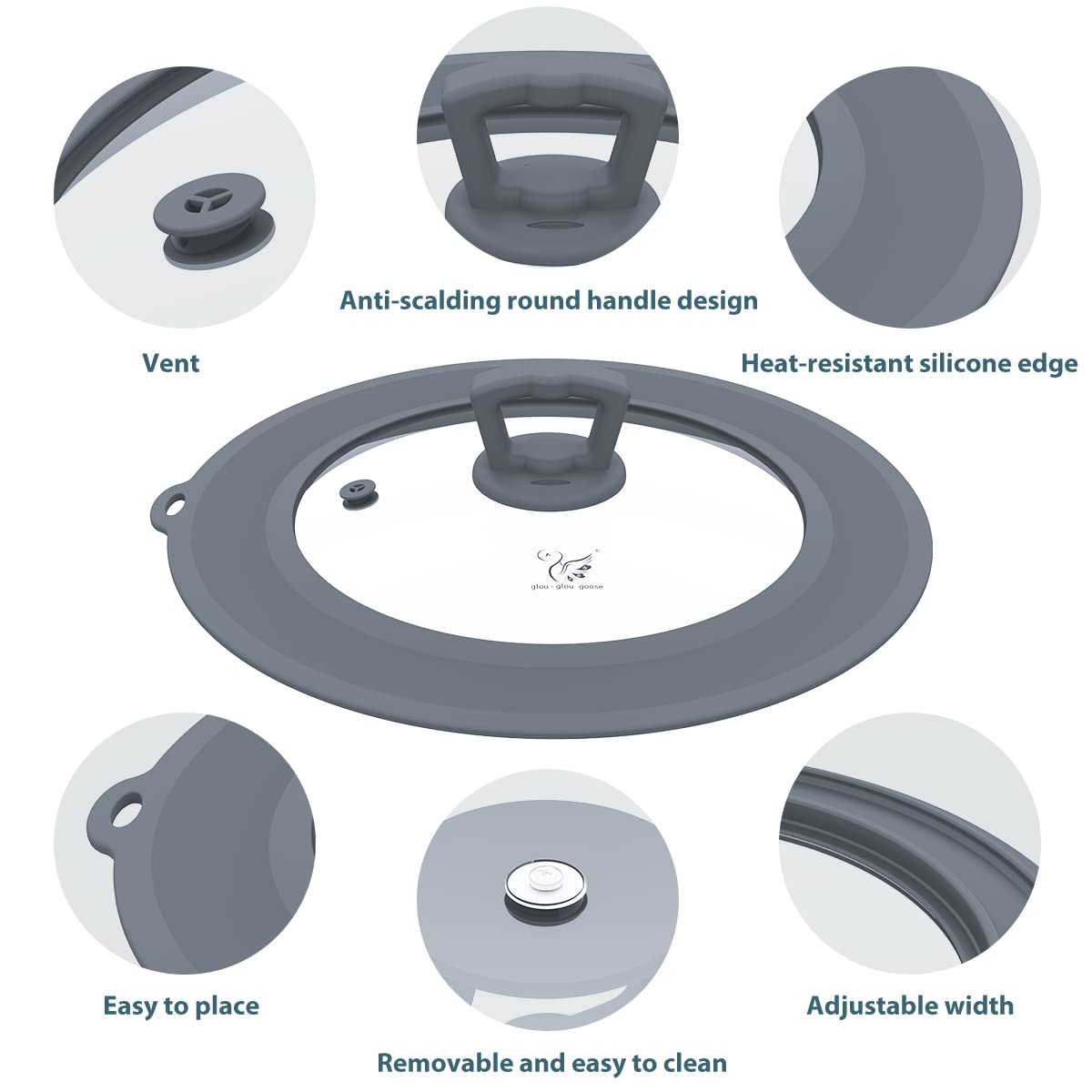 Set of 2 Vented Tempered Glass Universal Lid with Silicone, Light Grey B2489