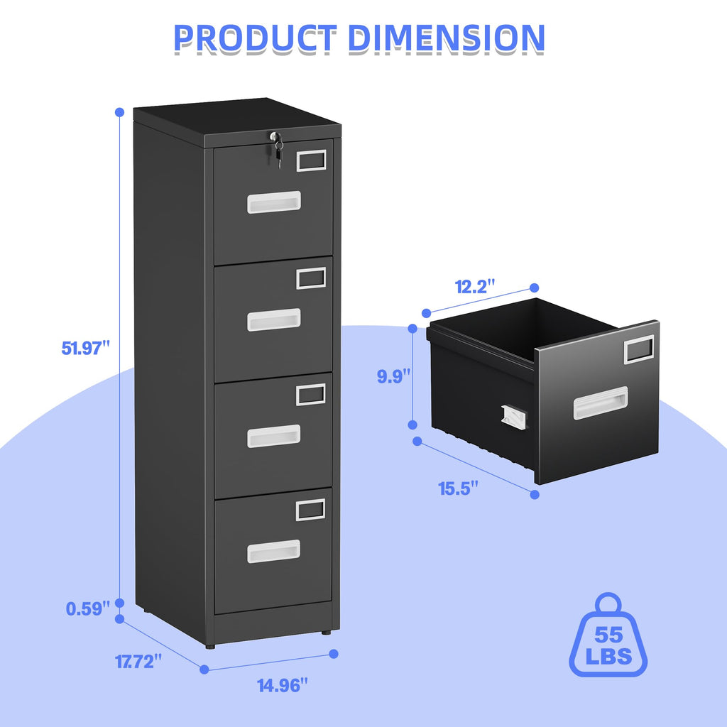 Black 4-Drawer Metal File Cabinet with Lock S86534