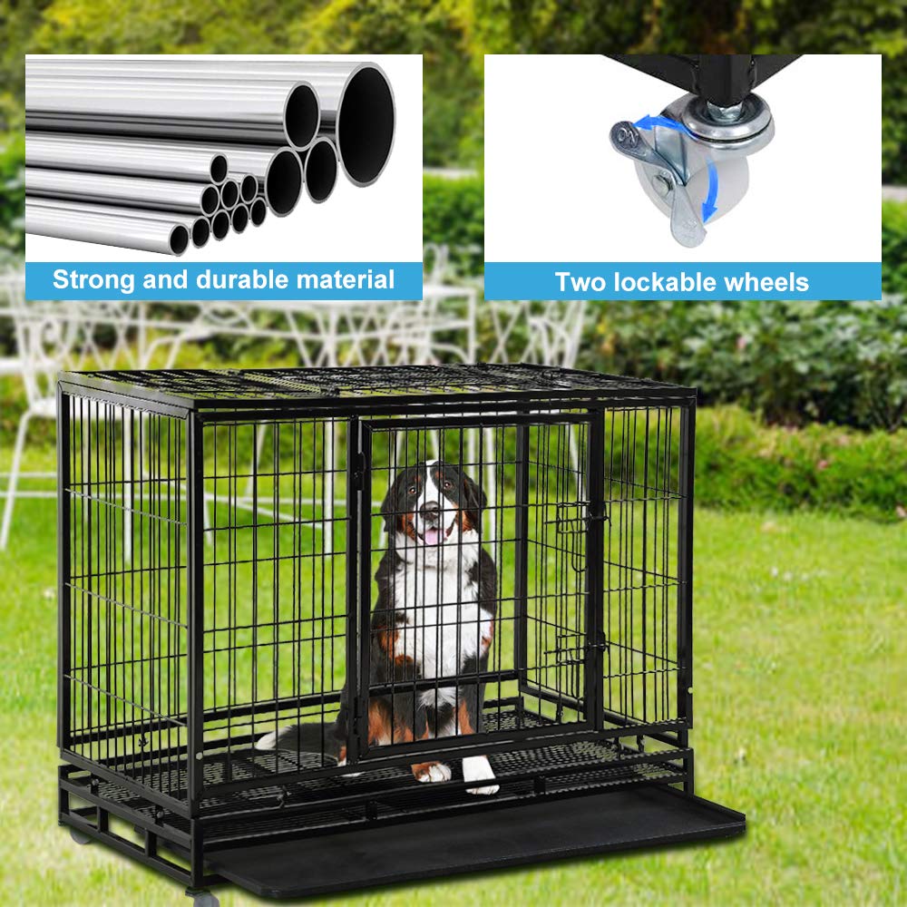 48" Heavy Duty Metal Dog Crate with Lockable Wheels, Double Door & Tray, Black V864