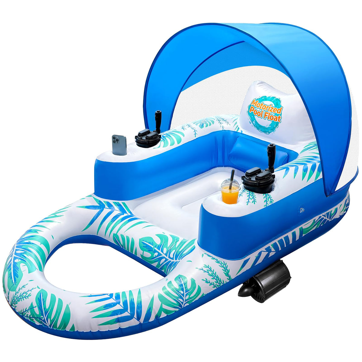 Rechargeable Motorized Pool Float Lounger with Canopy and Cup Holder Q4940