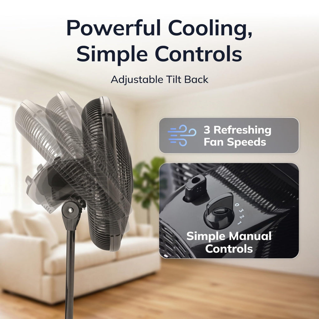 16" Oscillating Pedestal Fan with Adjustable Height and Tilt-Back Head, Black S199790