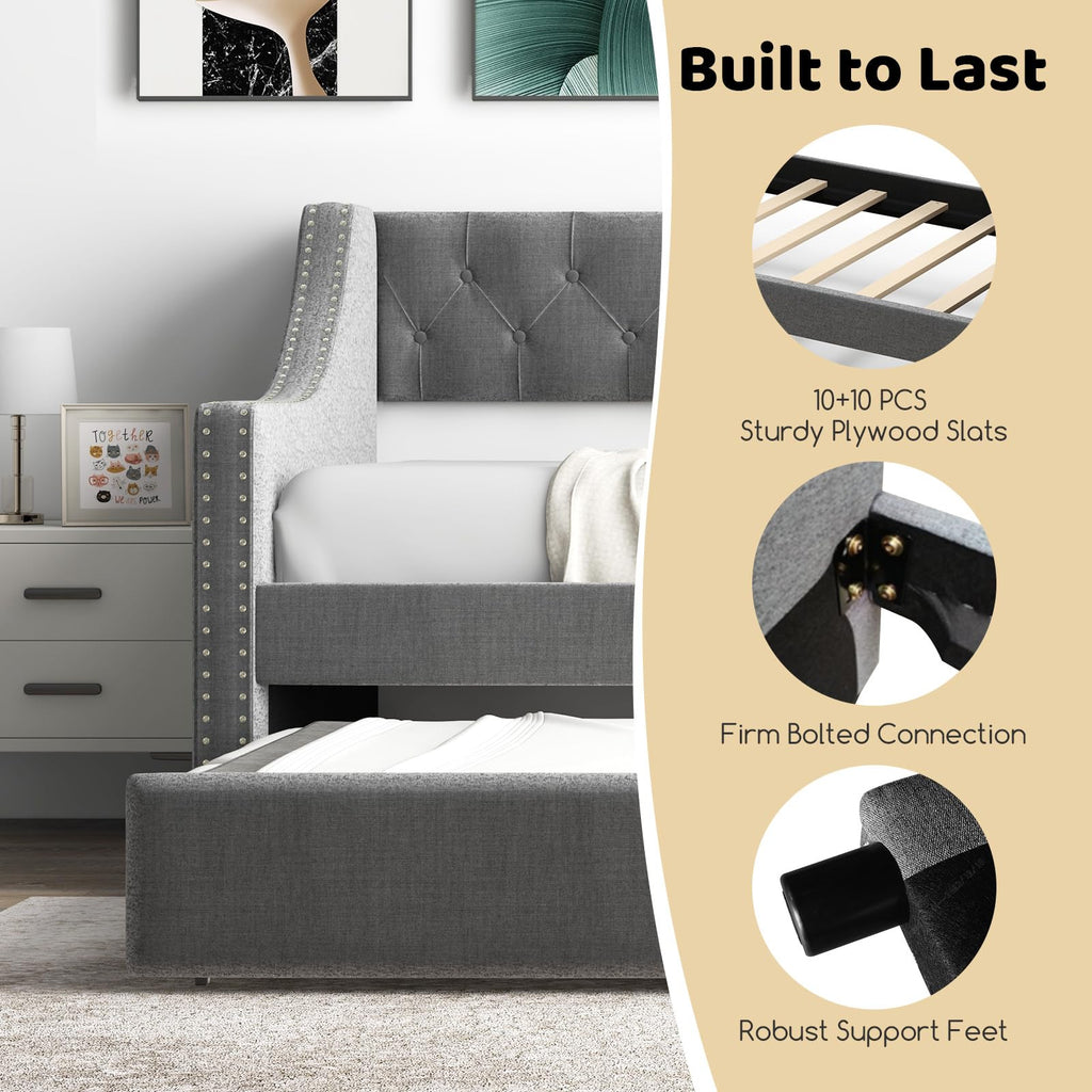 Grey Upholstered Twin Daybed with Trundle N9302