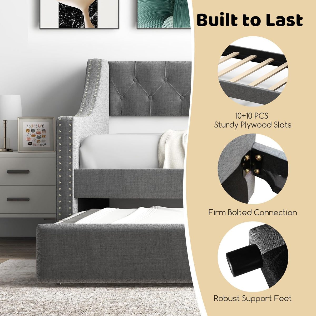 Grey Upholstered Twin Daybed with Trundle N9302