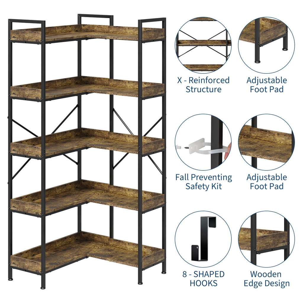 L-Shaped Corner Bookshelf 5 Tier Industrial Bookcase with 4 Hooks J6970