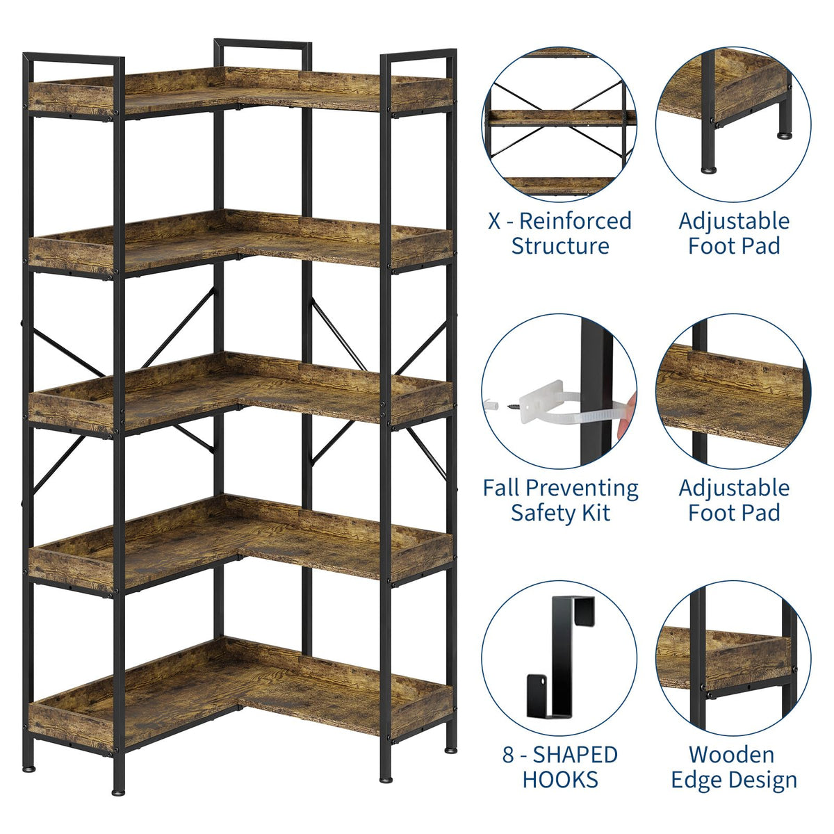 L-Shaped Corner Bookshelf 5 Tier Industrial Bookcase with 4 Hooks J6970