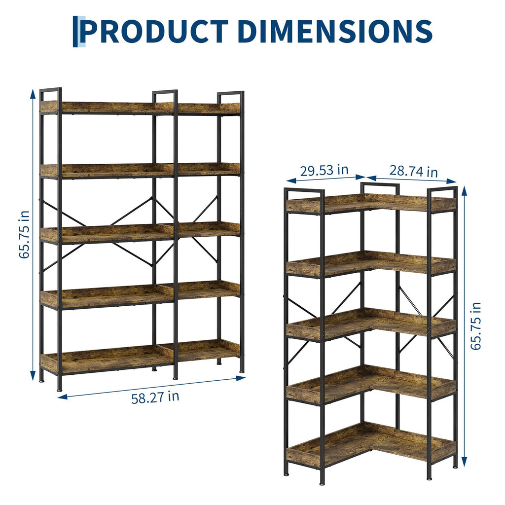 L-Shaped Corner Bookshelf 5 Tier Industrial Bookcase with 4 Hooks J6970