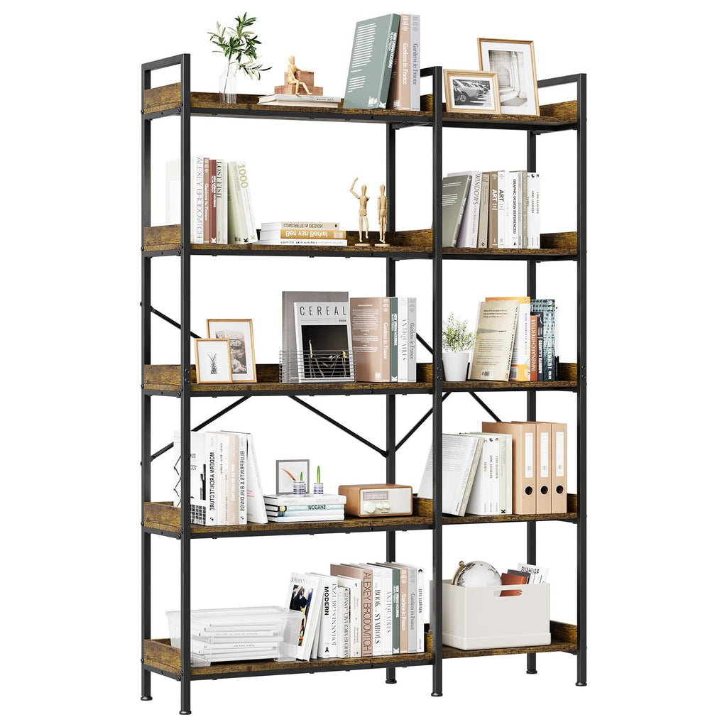 L-Shaped Corner Bookshelf 5 Tier Industrial Bookcase with 4 Hooks J6970