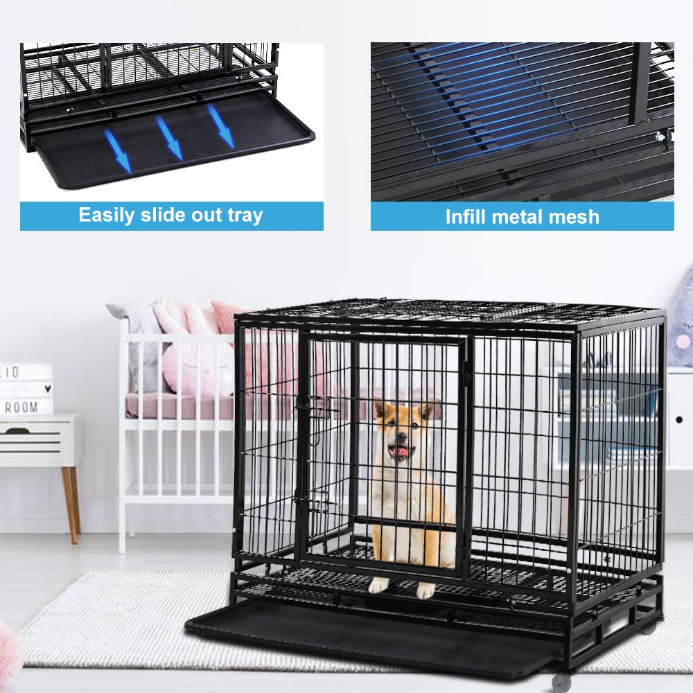 48" Heavy Duty Metal Dog Crate with Lockable Wheels, Double Door & Tray, Black V864