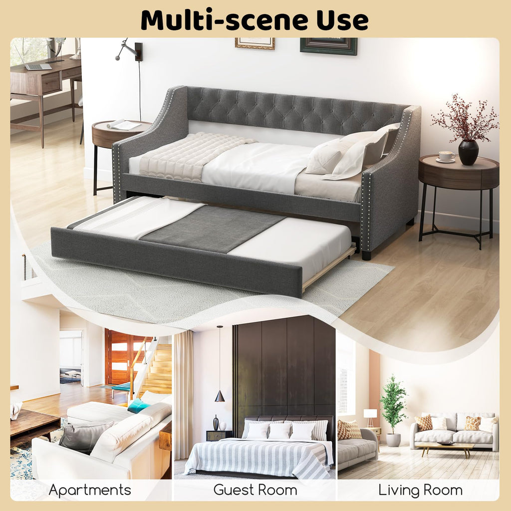 Grey Upholstered Twin Daybed with Trundle N9302