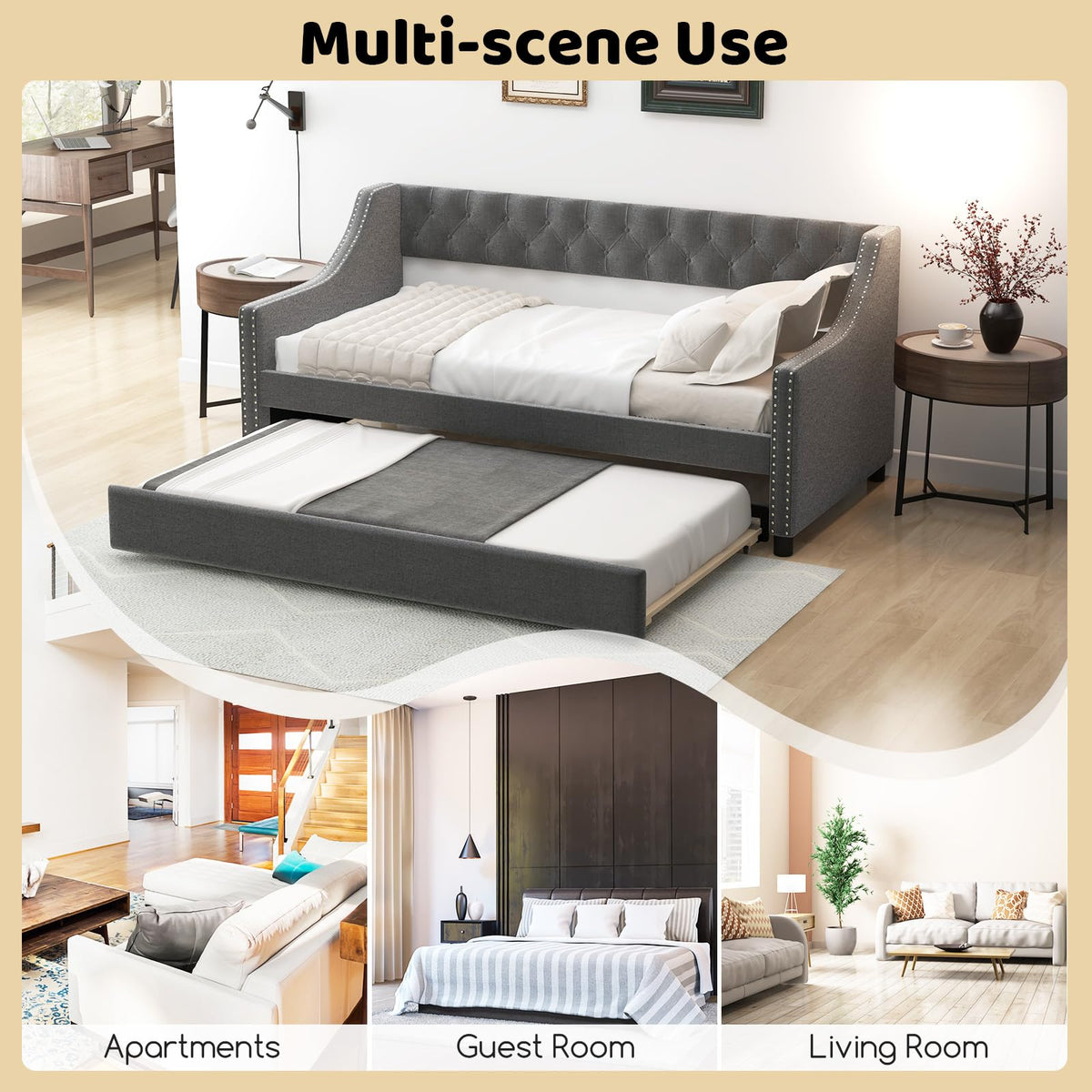 Grey Upholstered Twin Daybed with Trundle N9302