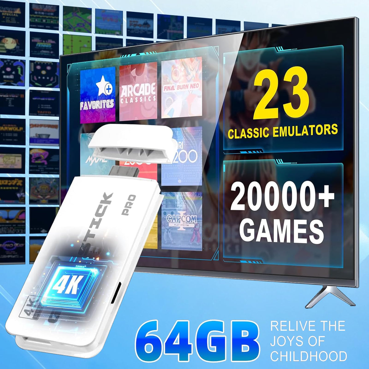 Wireless Retro Gaming Console Game Stick with 4K HDMI Output and 2 Wireless Controllers V7362