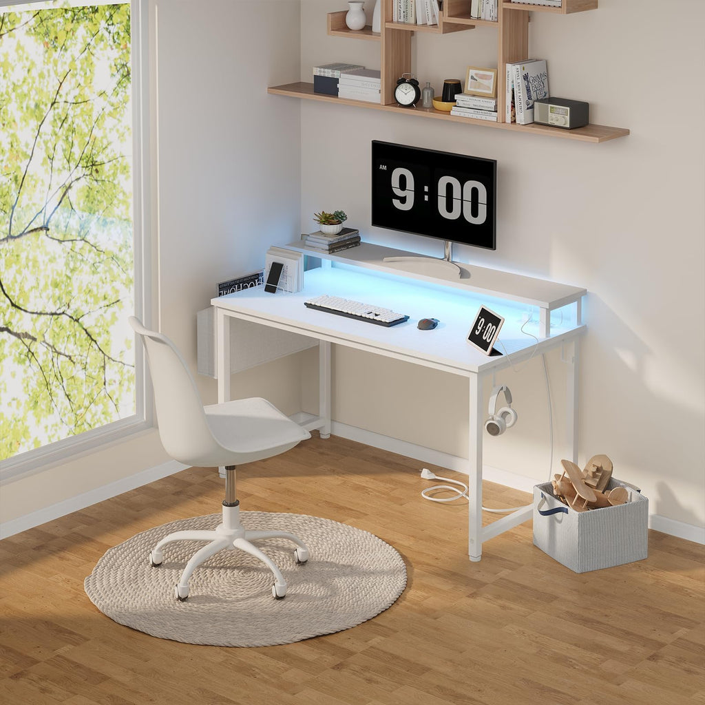 White 40 Inch Computer Desk with LED Lights and Power Outlets K868112