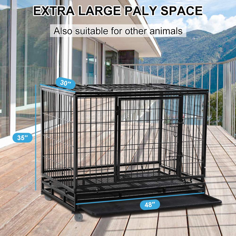 48" Heavy Duty Metal Dog Crate with Lockable Wheels, Double Door & Tray, Black V864