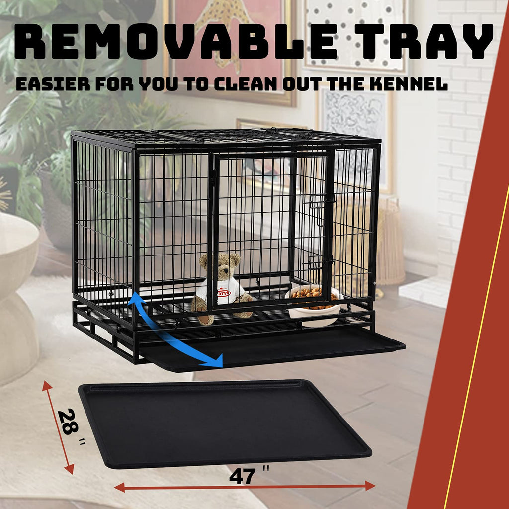 48 inch Heavy Duty Foldable Dog Crate with Lockable Wheels J58152