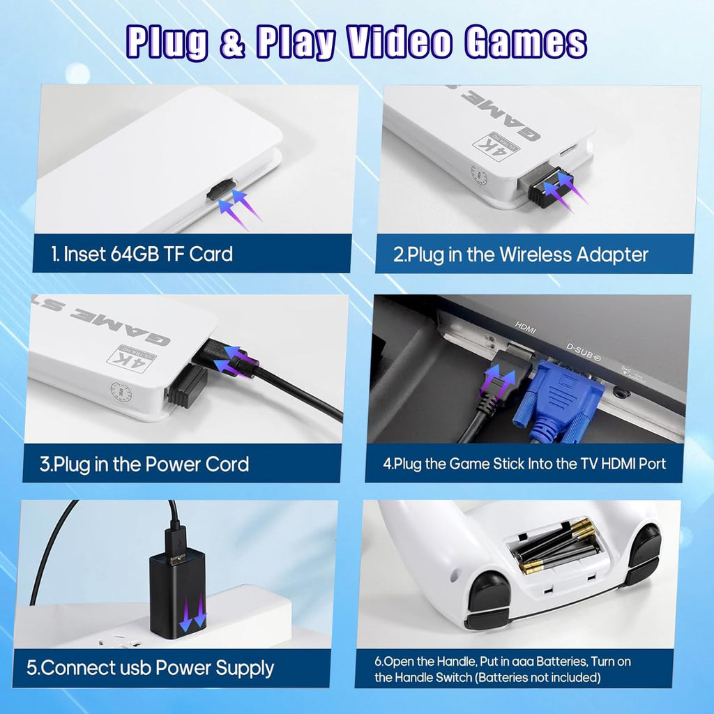 Wireless Retro Gaming Console Game Stick with 4K HDMI Output and 2 Wireless Controllers V7362