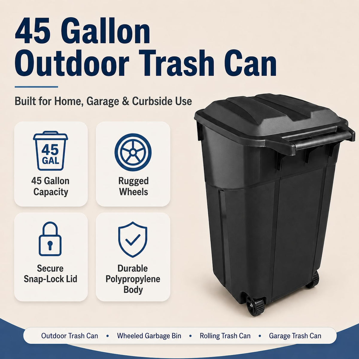 45 Gallon Wheeled Outdoor Trash Can with Lid O671545