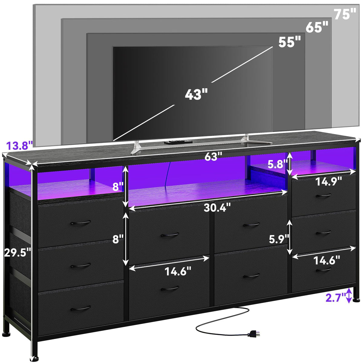 Black 10 Drawer Dresser TV Stand O27415