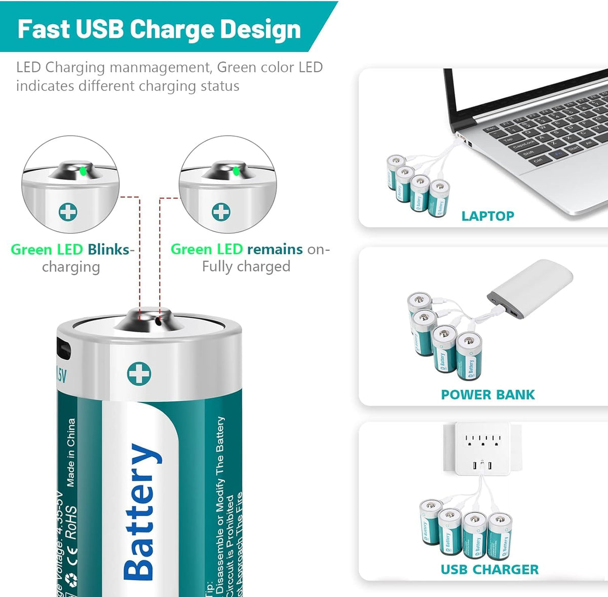 D Size Rechargeable Lithium Batteries with USB-C Charging Cable H134