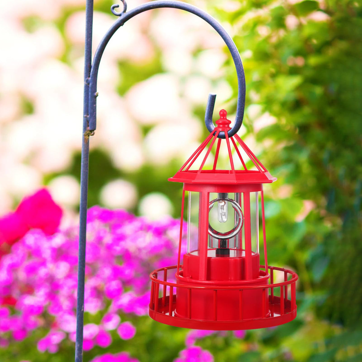 Solar Powered Red Lighthouse Figurine with Rotating Garden Light L22899