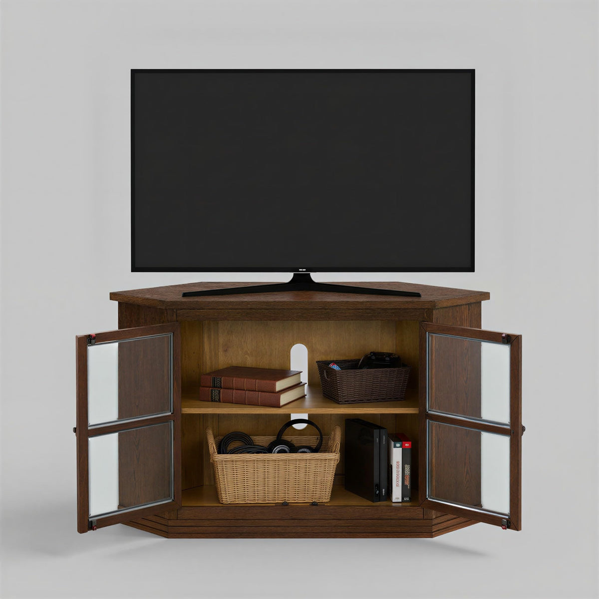Cocoa Brown Wood and Glass Corner TV Stand A424913