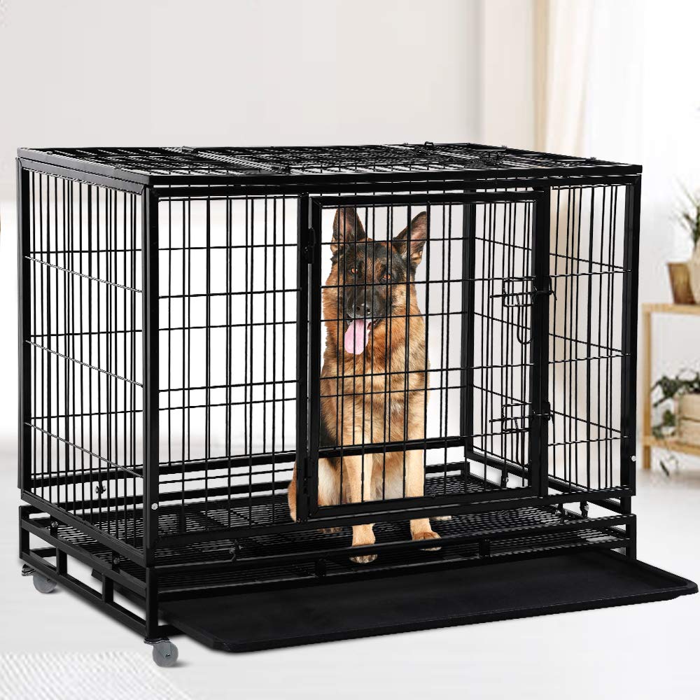 48" Heavy Duty Metal Dog Crate with Lockable Wheels, Double Door & Tray, Black V864
