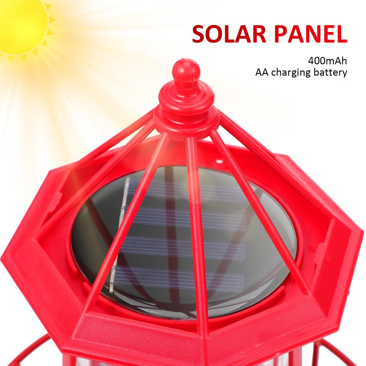 Solar Powered Red Lighthouse Figurine with Rotating Garden Light L22899