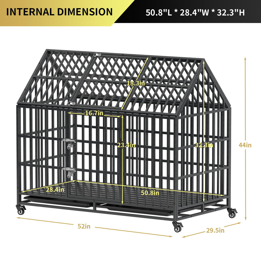 52 Inch Heavy Duty XXL Dog Crate with Open Roof Top, Trays and Wheels S1179