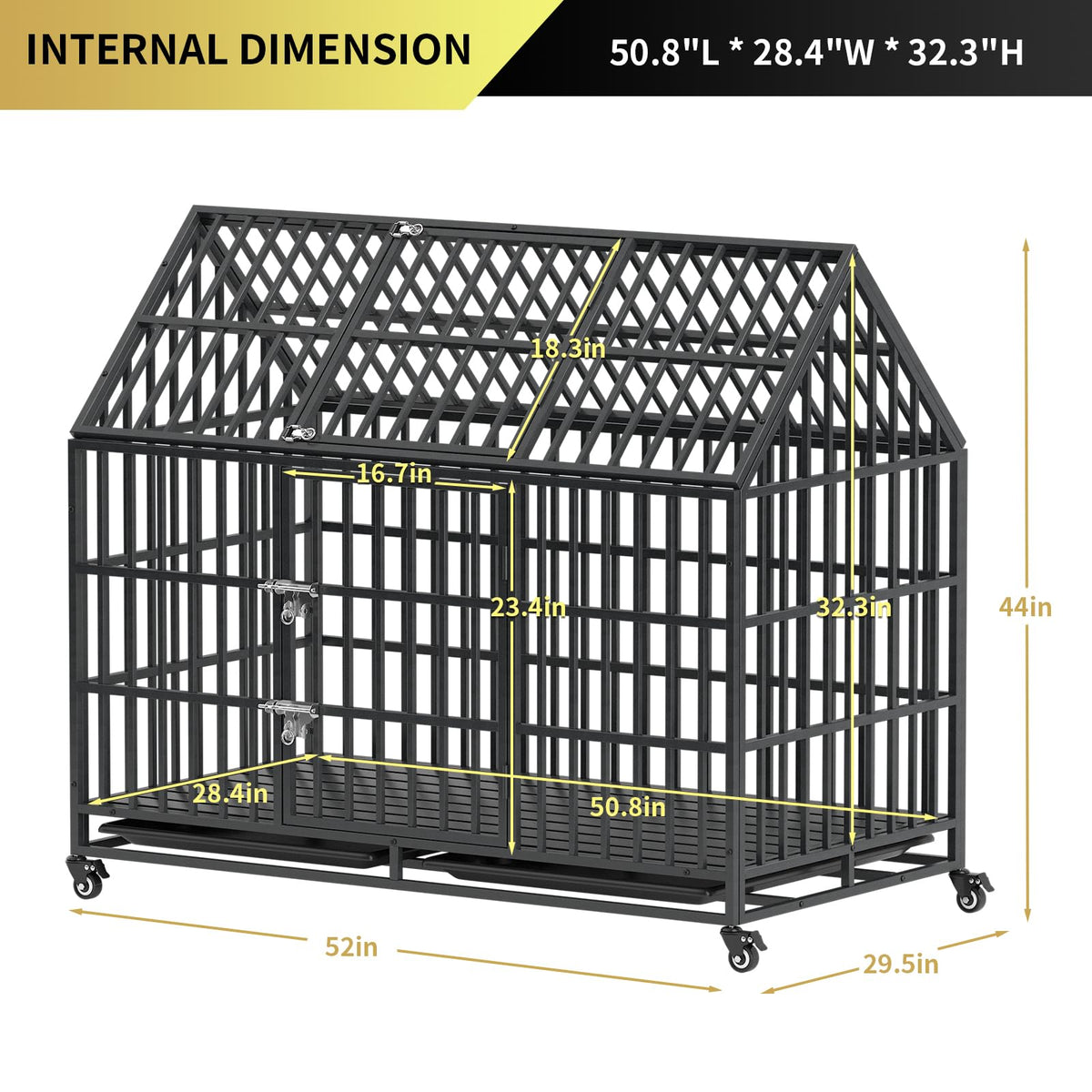 52 Inch Heavy Duty XXL Dog Crate with Open Roof Top, Trays and Wheels S1179