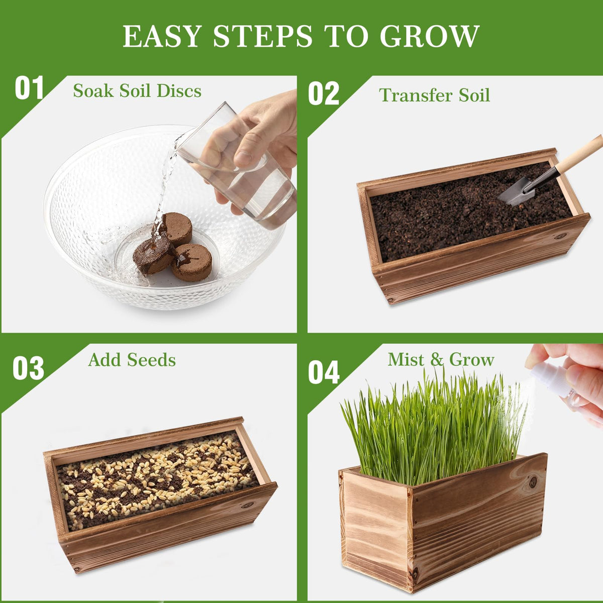 Non-GMO Wheatgrass Cat Grass Kit with Wood Planter Soil & Tools 17-Piece Set D327458
