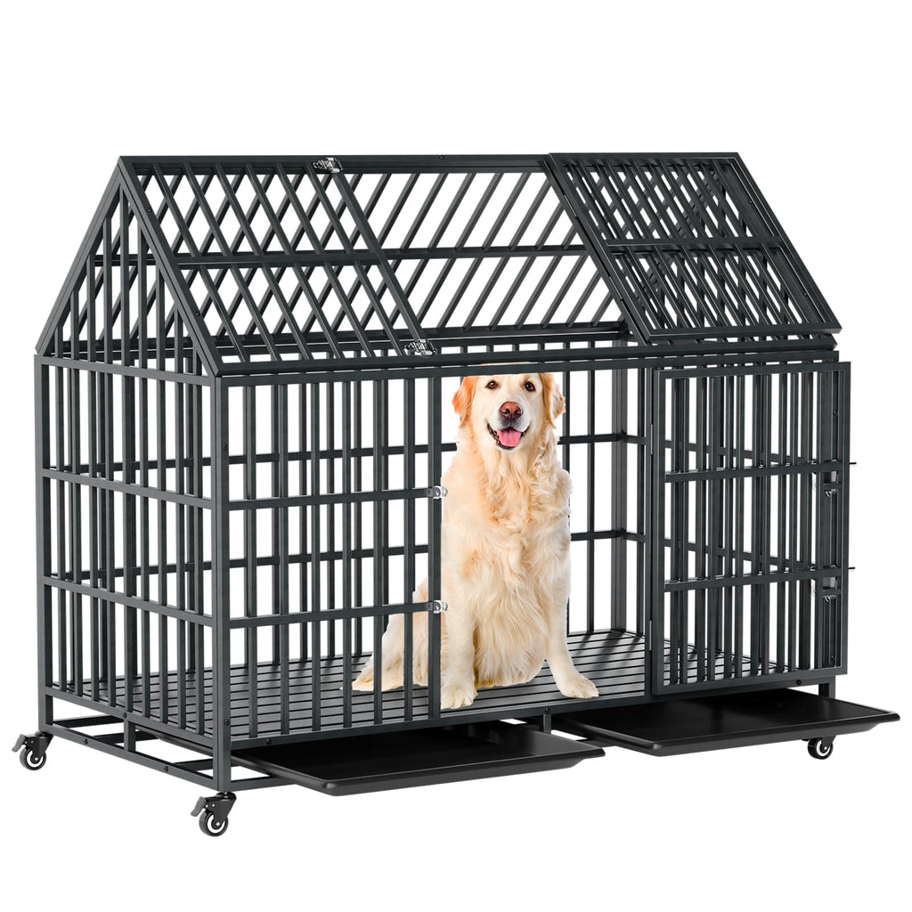 52 Inch Heavy Duty XXL Dog Crate with Open Roof Top, Trays and Wheels S1179