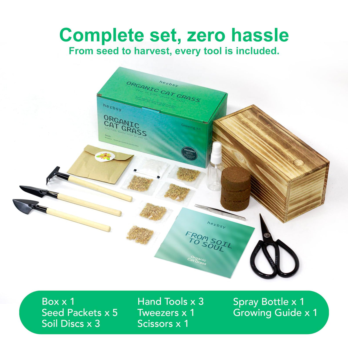 Non-GMO Wheatgrass Cat Grass Kit with Wood Planter Soil & Tools 17-Piece Set D327458