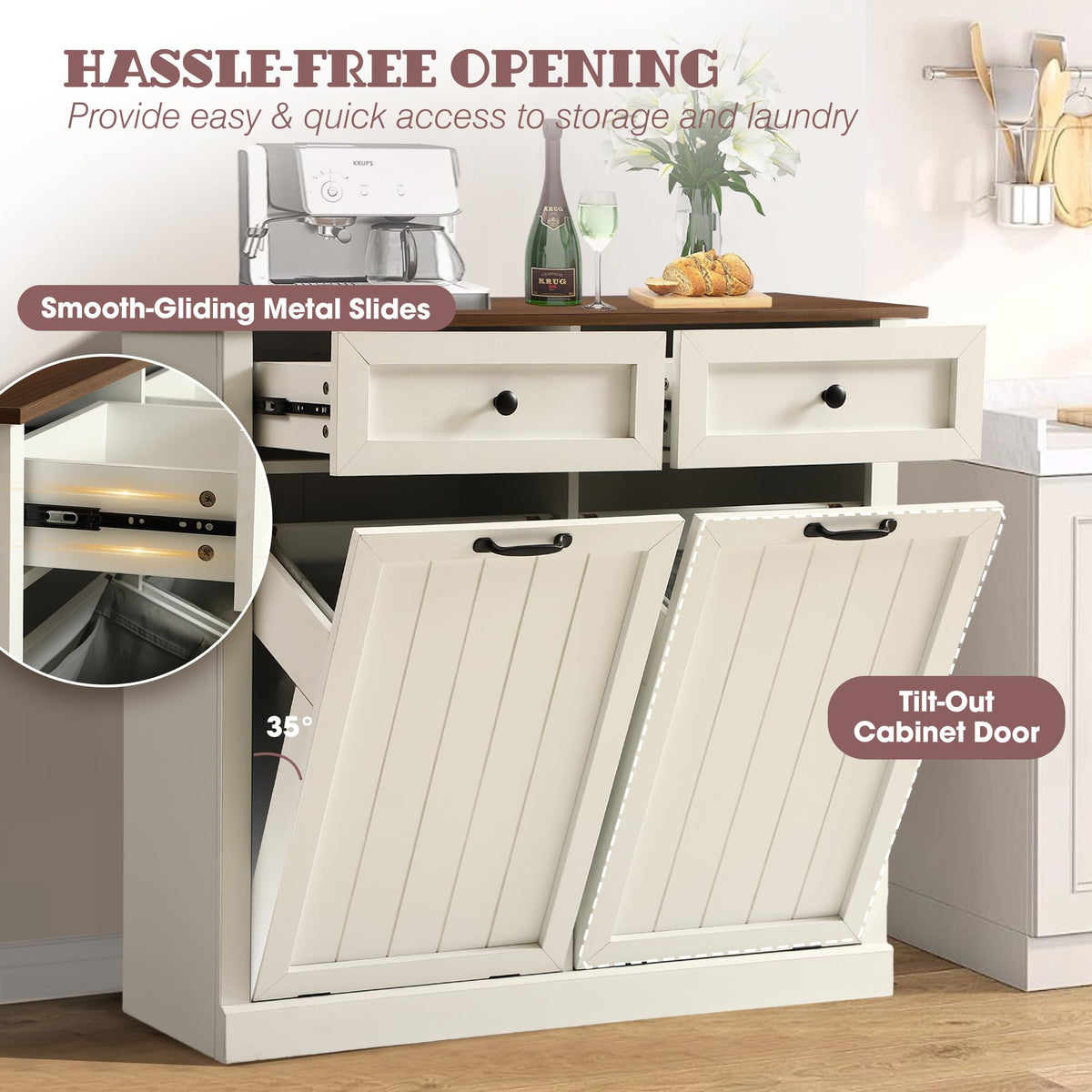 White 22 Gallon Wooden Laundry Hamper Cabinet with 2 Drawers L93363
