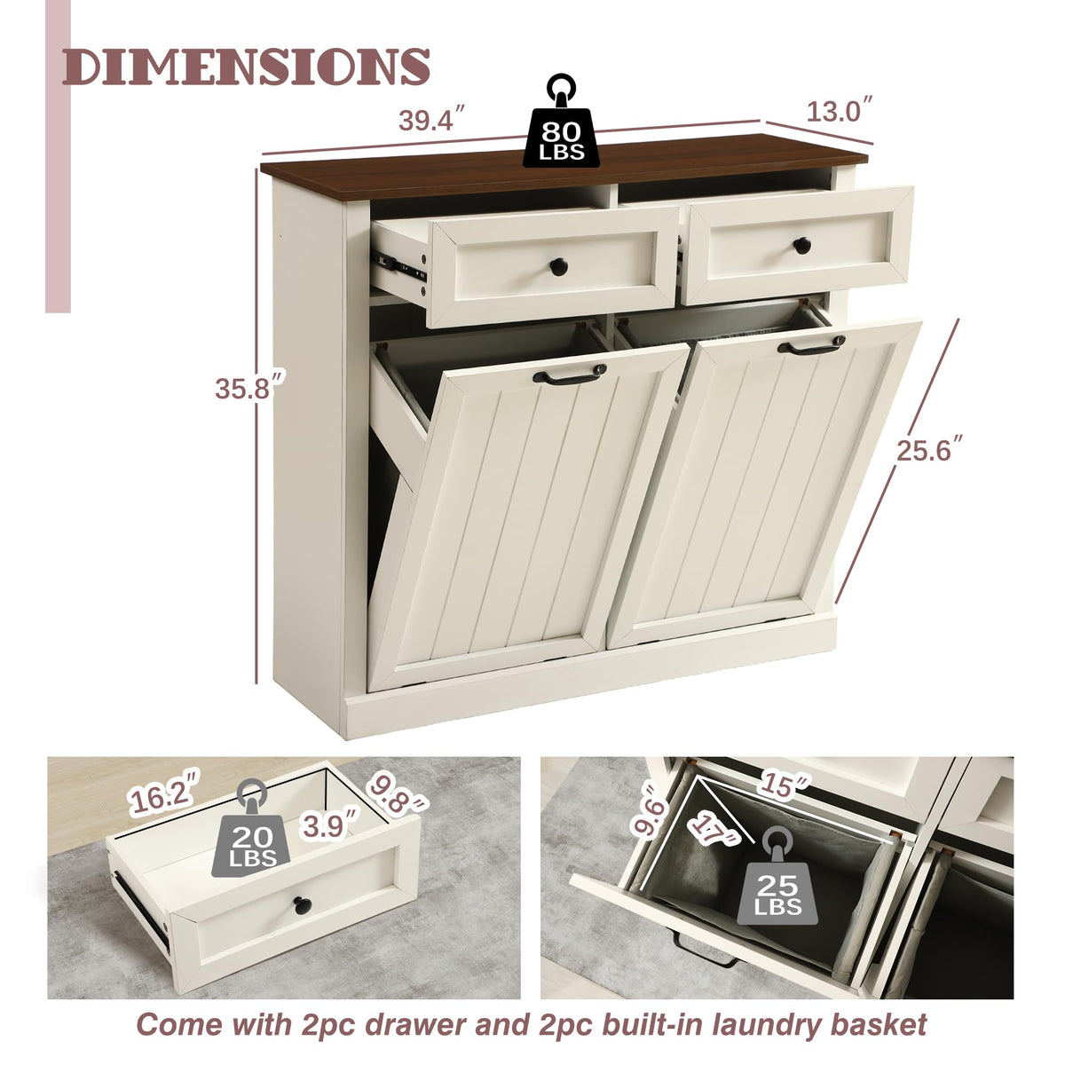 White 22 Gallon Wooden Laundry Hamper Cabinet with 2 Drawers L93363