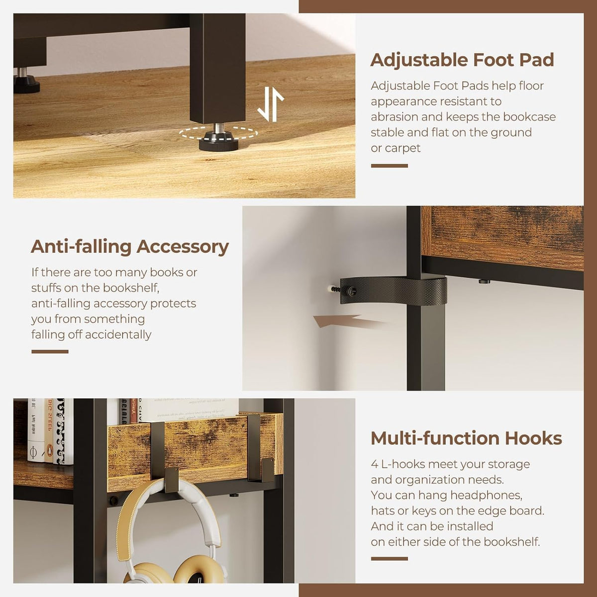 L-Shaped Corner Bookshelf 5 Tier Industrial Bookcase with 4 Hooks J6970