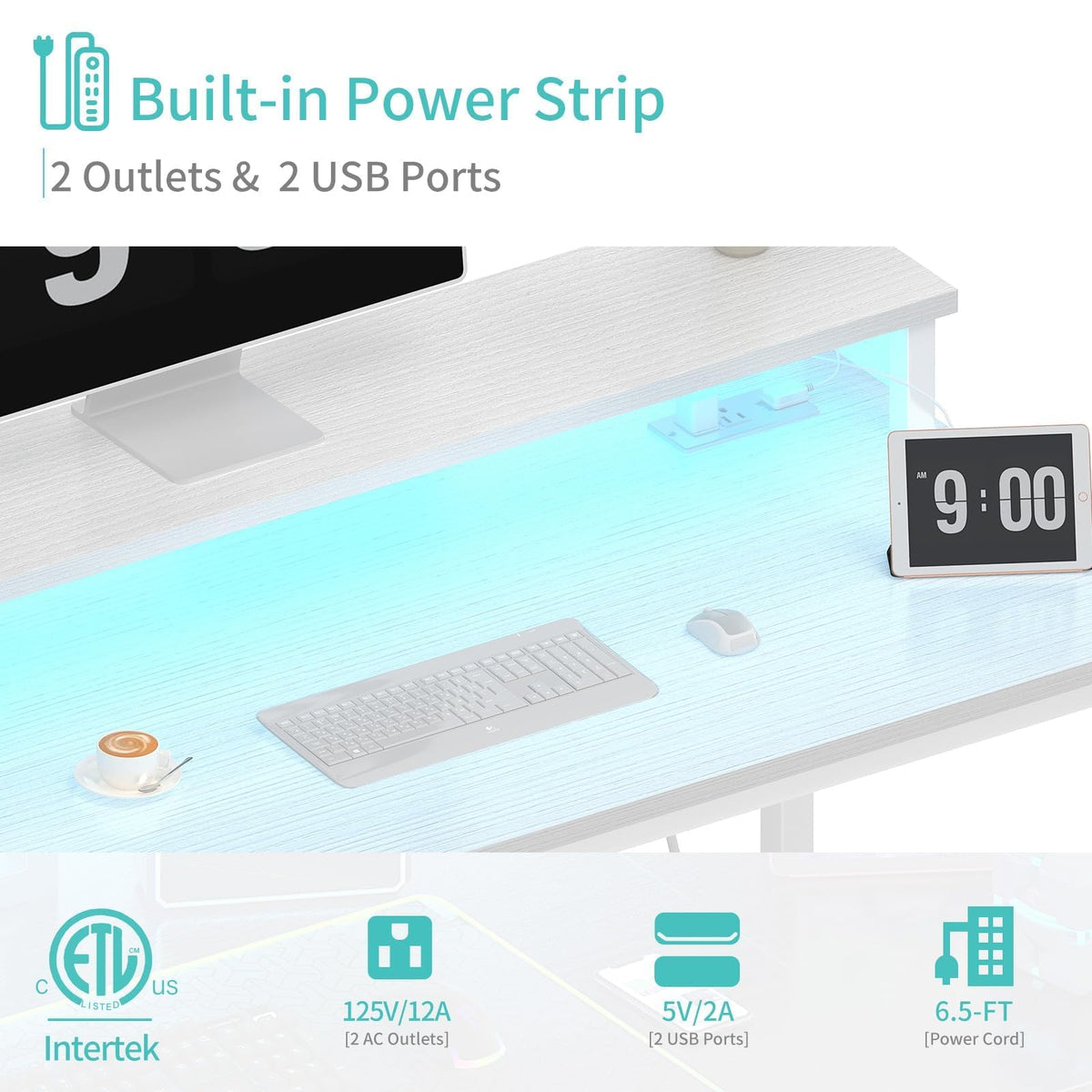 White 40 Inch Computer Desk with LED Lights and Power Outlets K868112