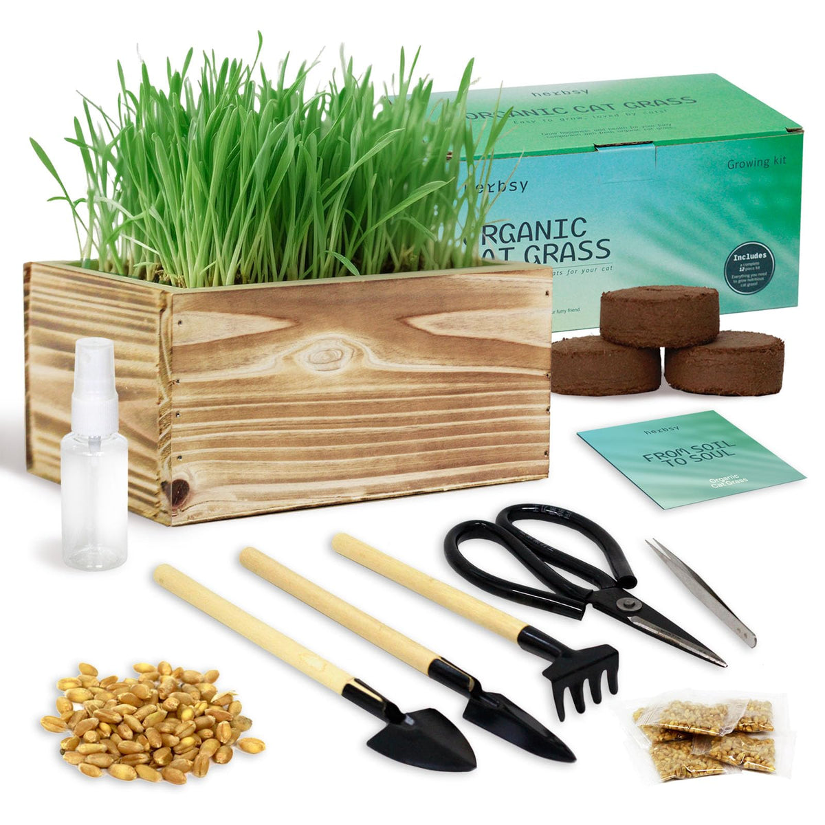 Non-GMO Wheatgrass Cat Grass Kit with Wood Planter Soil & Tools 17-Piece Set D327458