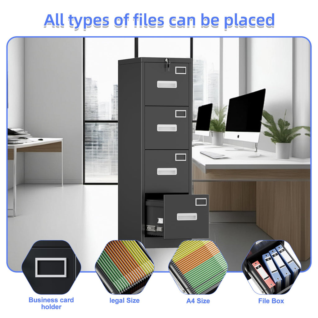 Black 4-Drawer Metal File Cabinet with Lock S86534